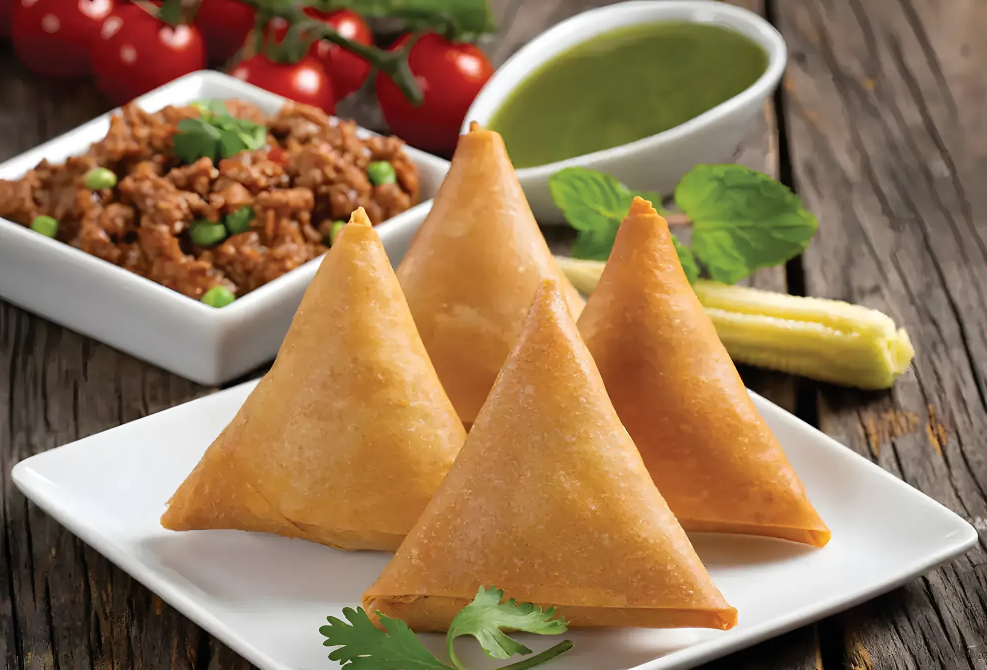 Golden samosas with mint chutney